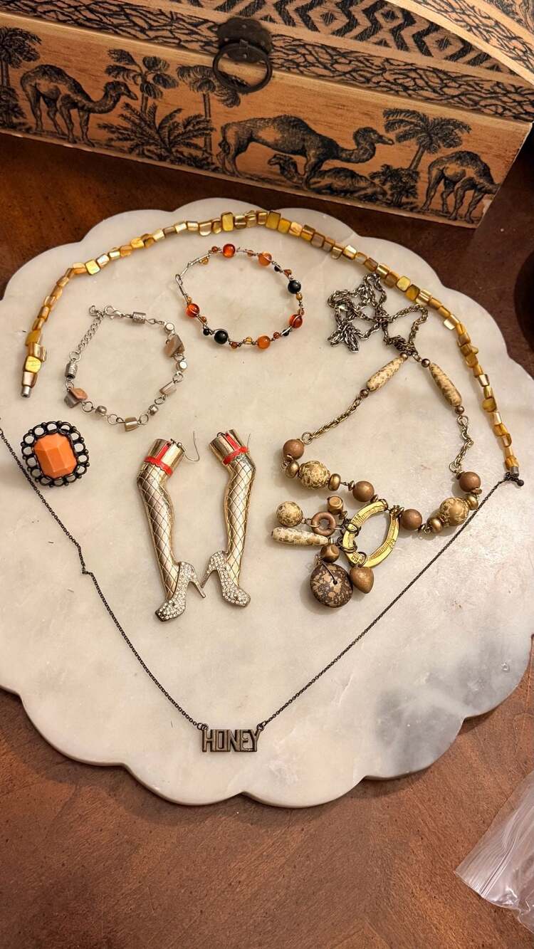 Vintage Costume Jewelry Collection Including Honey Necklace and Leg Earrings